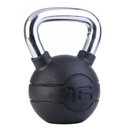16kg Black rubber kettlebell with chrome handle (each)